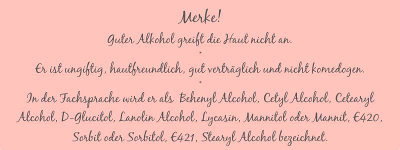Merkbox mit Fakten zu gutem Alkohol in der Kosmetikproduktion.